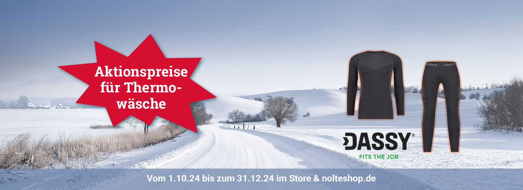 Eine Winterlandschaft mit Thermounterwäsche und Dassy-Logo - Störer mit 20 % Rabatt