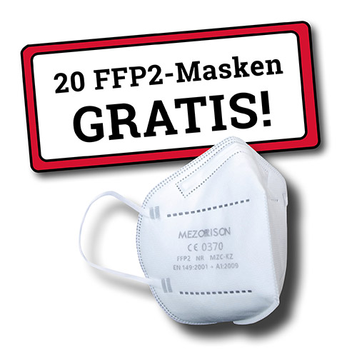 FFP2-Atemschutzmaske mit rot umrandetem Textkasten "20 FFP2-Masken gratis"