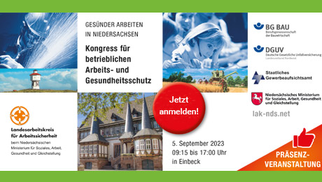 Text mit Einladung zu einem Sicherheitskongress in Bremen mit illustrierenden Bildern aus der Arbeitswelt und einem Bild des Veranstaltungsortes